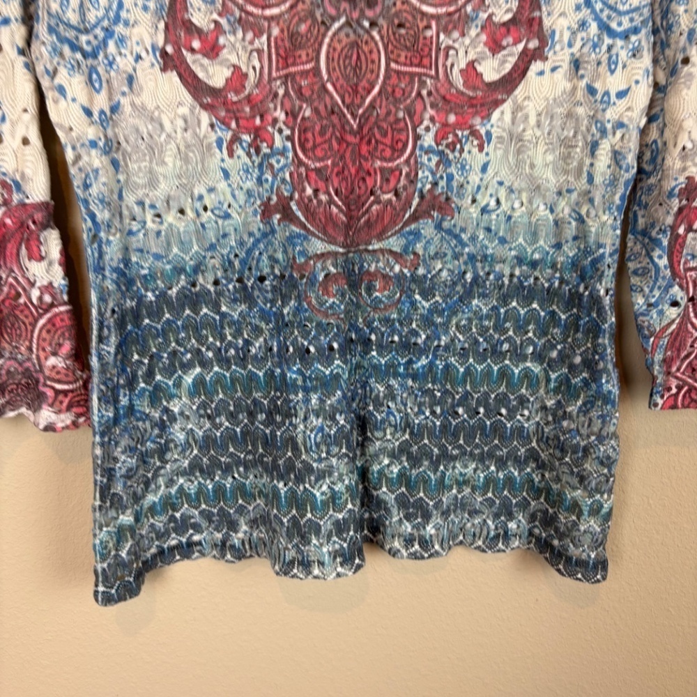 Wrangler Blue/Red/Cream Lightweight Knitted V-Neck Long Sleeve Shirt; Size M - Picture 3 of 8